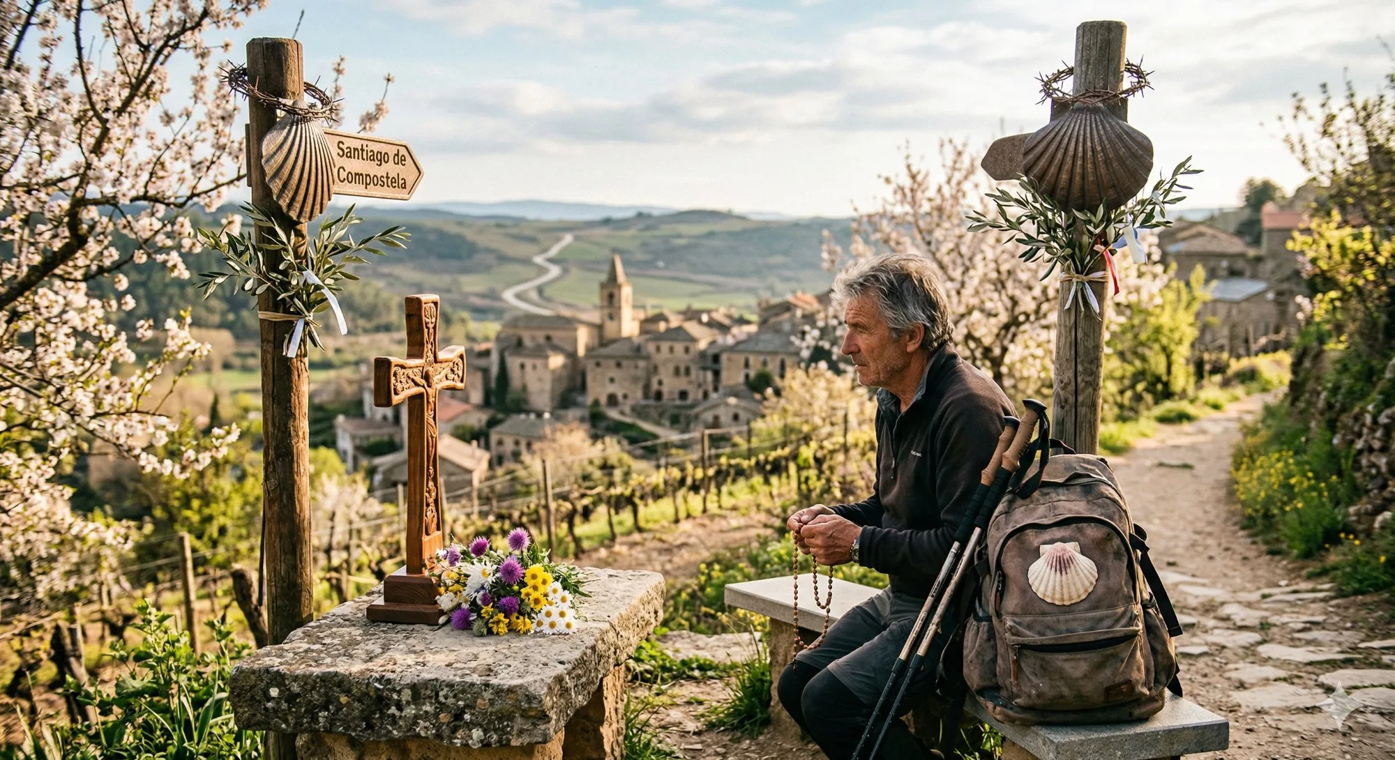 Ilustração de Páscoa no Caminho de Santiago mostrando um peregrino com mochila diante da Catedral de Santiago, procissões da Semana Santa, torrijas, Botafumeiro e paisagens floridas simbolizando renovação e fé.