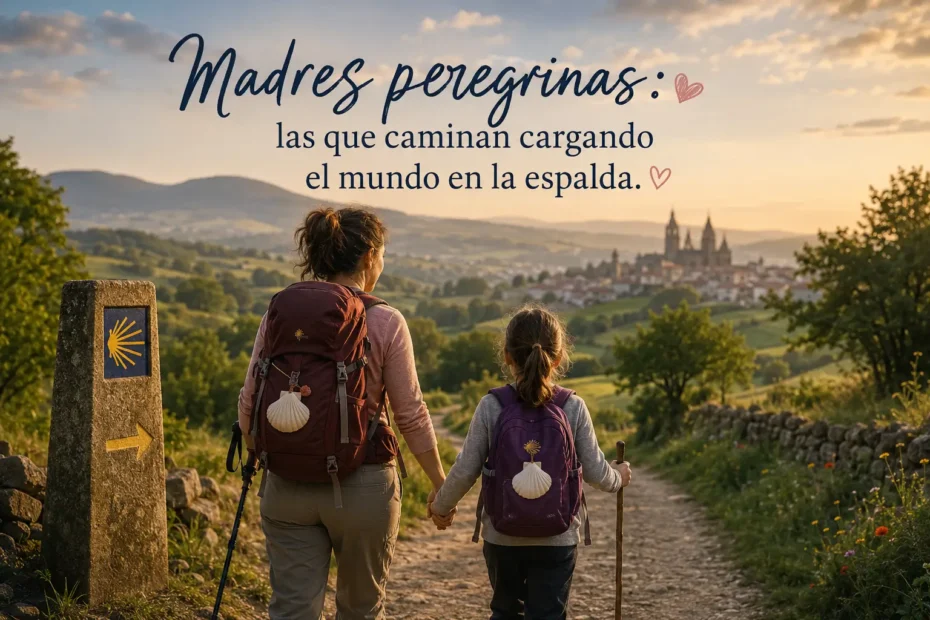 Madre e hija caminando juntas por el Camino de Santiago al atardecer, representando a las madres peregrinas y la fe familiar.