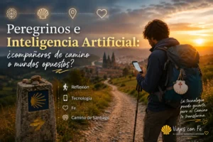 Peregrino caminando en el Camino de Santiago mientras observa su teléfono móvil al amanecer, simbolizando la relación entre inteligencia artificial y espiritualidad. 📱👣