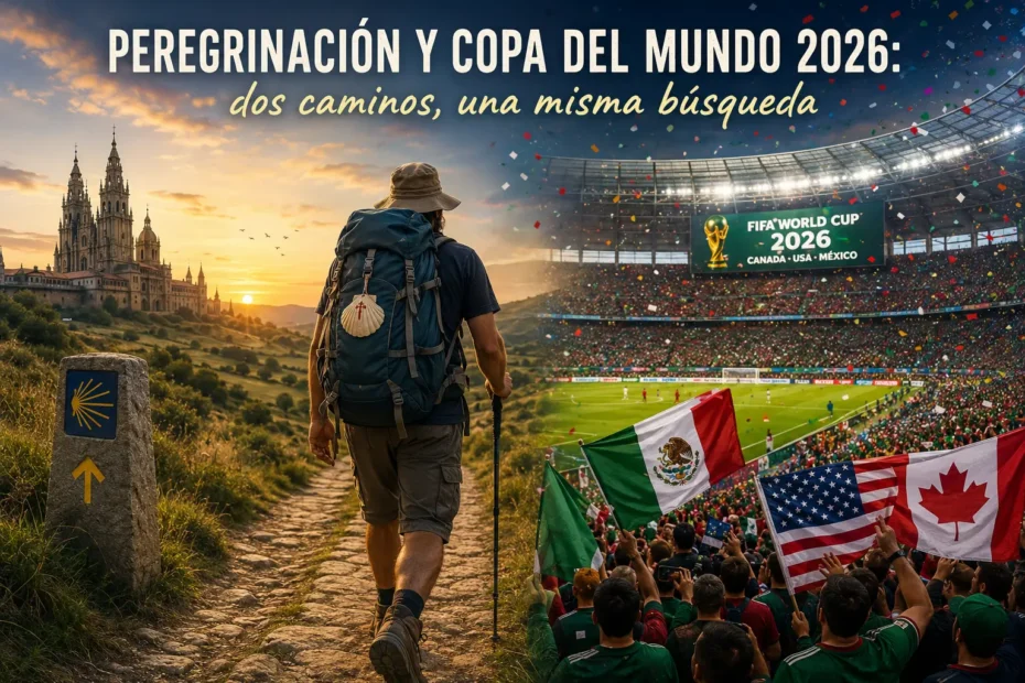 Peregrinación y Copa del Mundo 2026: peregrino caminando mientras un estadio mundialista celebra un partido lleno de emoción.
