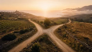 Tres caminos de tierra bifurcándose en un paisaje rural al amanecer, representando las rutas del Camino Francés, Portugués y Primitivo