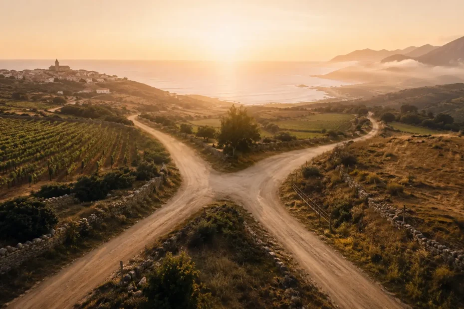 Tres caminos de tierra bifurcándose en un paisaje rural al amanecer, representando las rutas del Camino Francés, Portugués y Primitivo