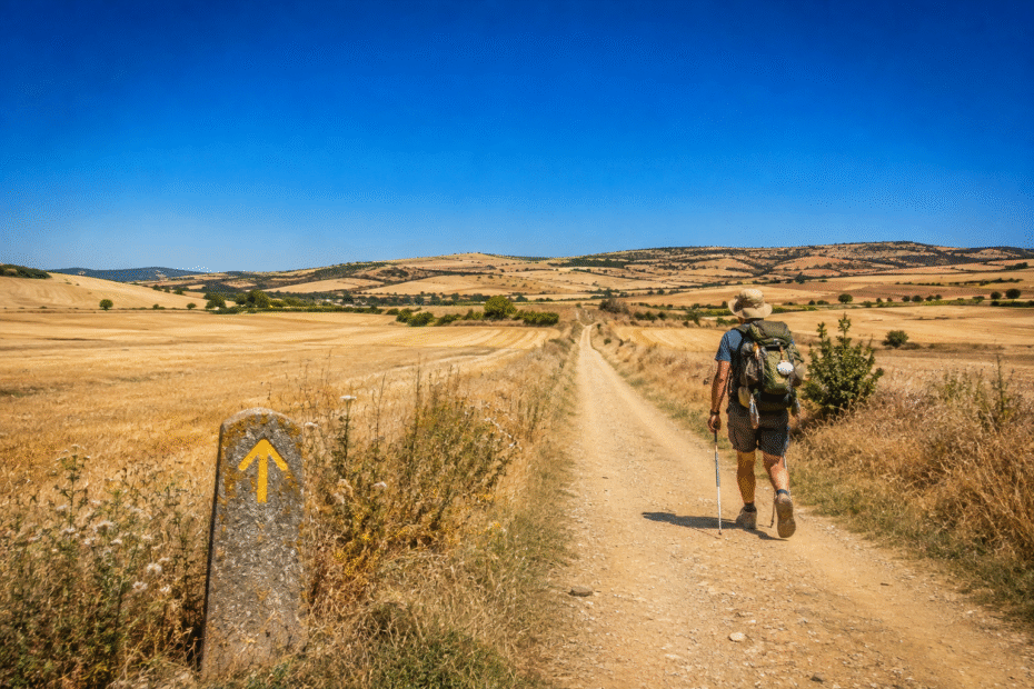 Peregrino caminando bajo el intenso sol de verano por el Camino de Santiago, entre los campos dorados de la Meseta española