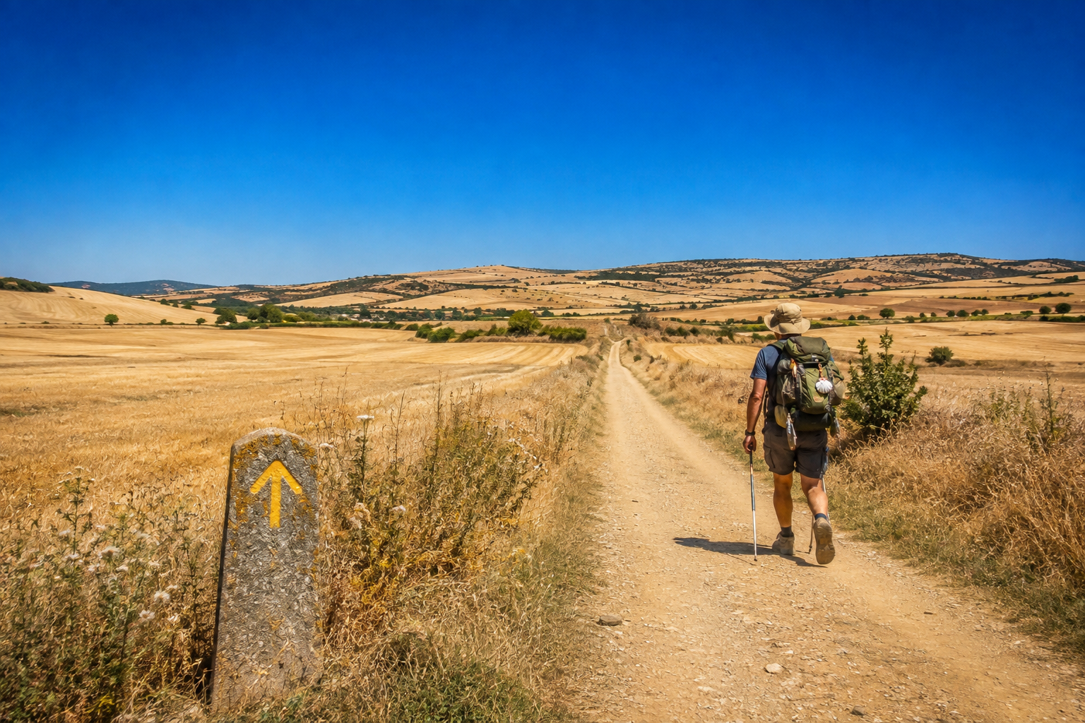 Peregrino caminando bajo el intenso sol de verano por el Camino de Santiago, entre los campos dorados de la Meseta española